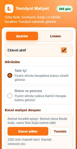 Trendyol Maliyet eklenti ayar ekranı