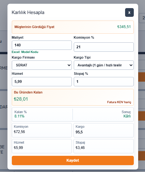 Trendyol maliyet hesaplama popup penceresi